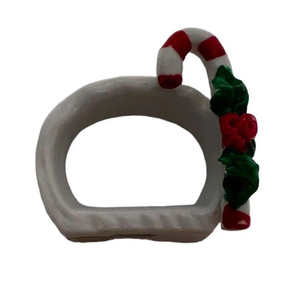 Christmas Candy Cain Napkin Rings Red Porcelain Set of Four